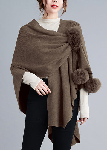 Luvik | Khaki Asymmetrisk Fuzzy Ball Patchwork Strikkegenser Jakke