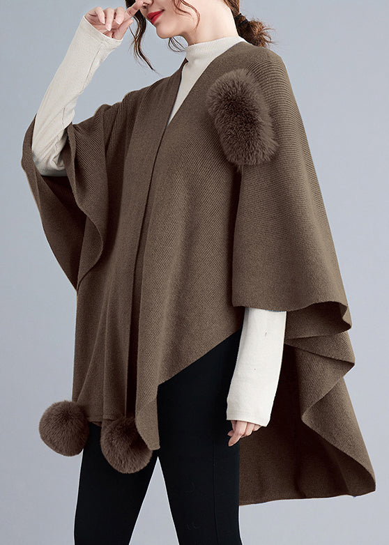 Luvik | Khaki Asymmetrisk Fuzzy Ball Patchwork Strikkegenser Jakke