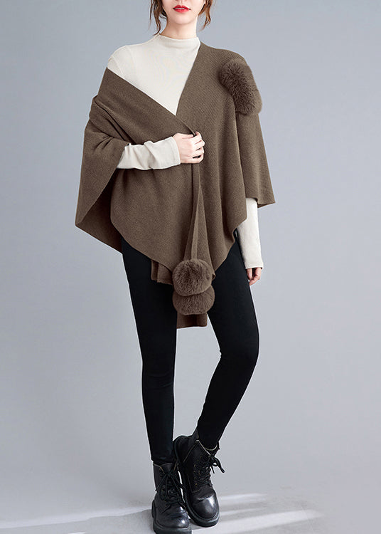 Luvik | Khaki Asymmetrisk Fuzzy Ball Patchwork Strikkegenser Jakke