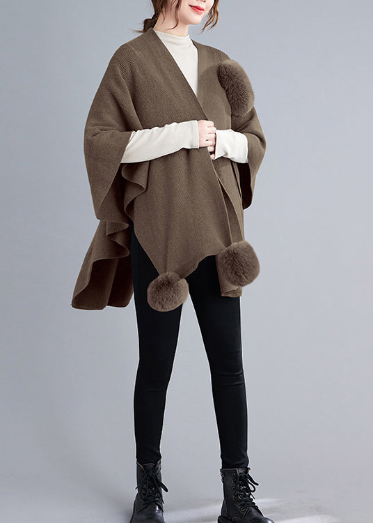 Luvik | Khaki Asymmetrisk Fuzzy Ball Patchwork Strikkegenser Jakke