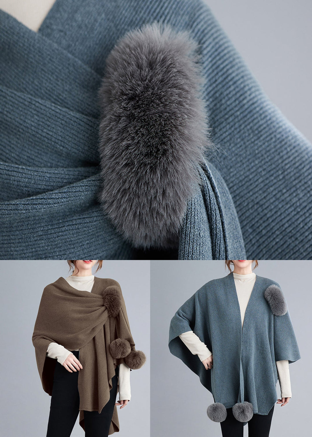 Luvik | Khaki Asymmetrisk Fuzzy Ball Patchwork Strikkegenser Jakke