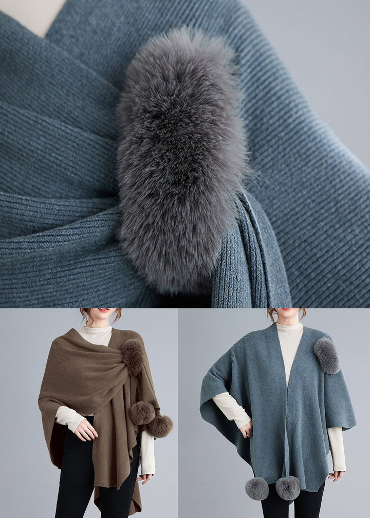 Luvik | Khaki Asymmetrisk Fuzzy Ball Patchwork Strikkegenser Jakke