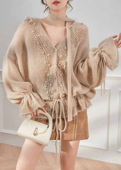 Luvik | Khaki V-Leikkaus Holoviimeistelyt Pitsimäisillä Hihoilla