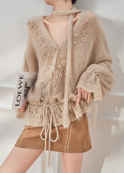 Luvik | Khaki V-Leikkaus Holoviimeistelyt Pitsimäisillä Hihoilla