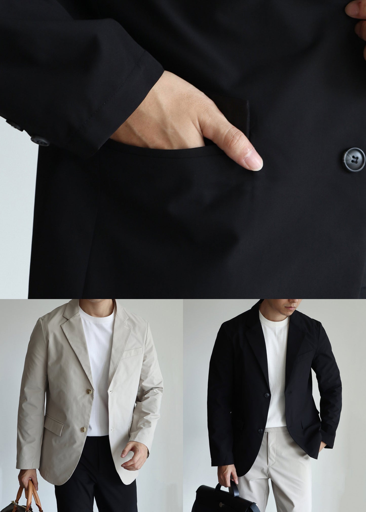 Luvik | Vaaleanharmaa Nappi Taskut Spandex Takki Miesten