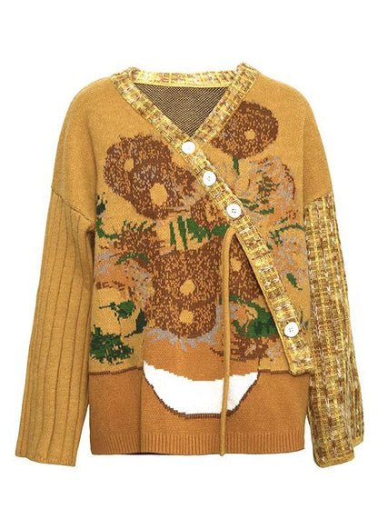 Luvik | Lilas V-leikkaus Kukallinen Nappi Puuvilla Neule