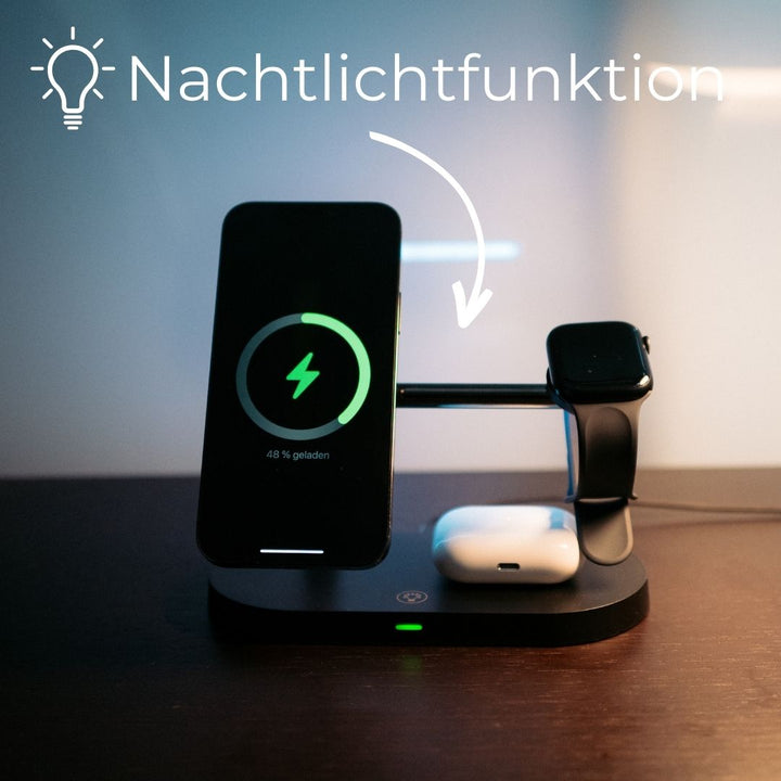 Luvikno | 3-i-1 Trådløs Lader for Smarttelefon, Smartklokke og Ørepropper – Hurtigladestasjon med Moderne Design