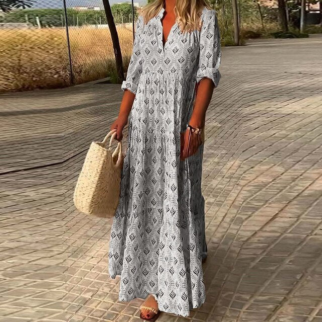 Luvik | Pitkä hiha V-pääntie Boho mekko kesämekko
