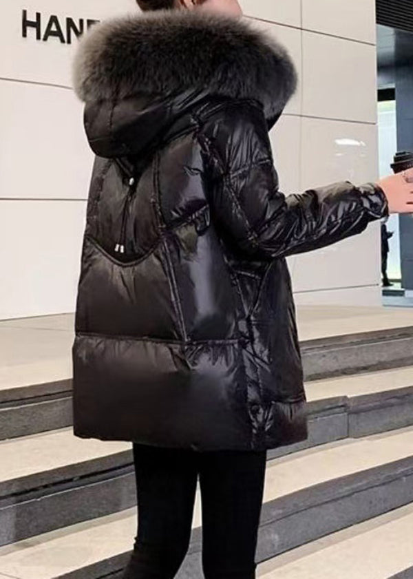 Luvik | Musta turkiskaulus Huppu Taskut Ohut puuvillatalvitakki täytetty