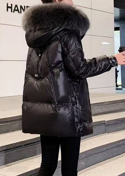 Luvik | Musta turkiskaulus Huppu Taskut Ohut puuvillatalvitakki täytetty