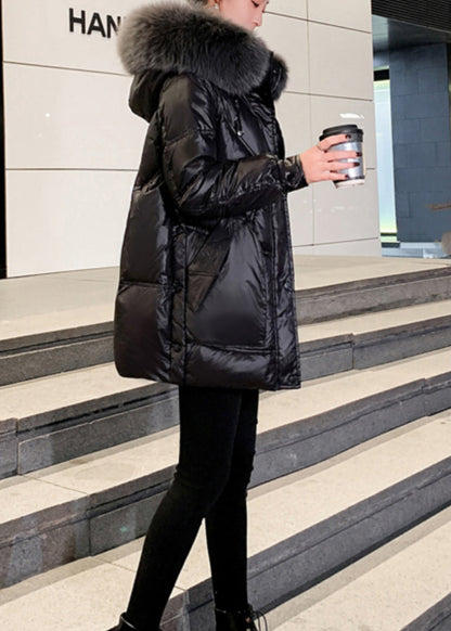 Luvik | Musta turkiskaulus Huppu Taskut Ohut puuvillatalvitakki täytetty