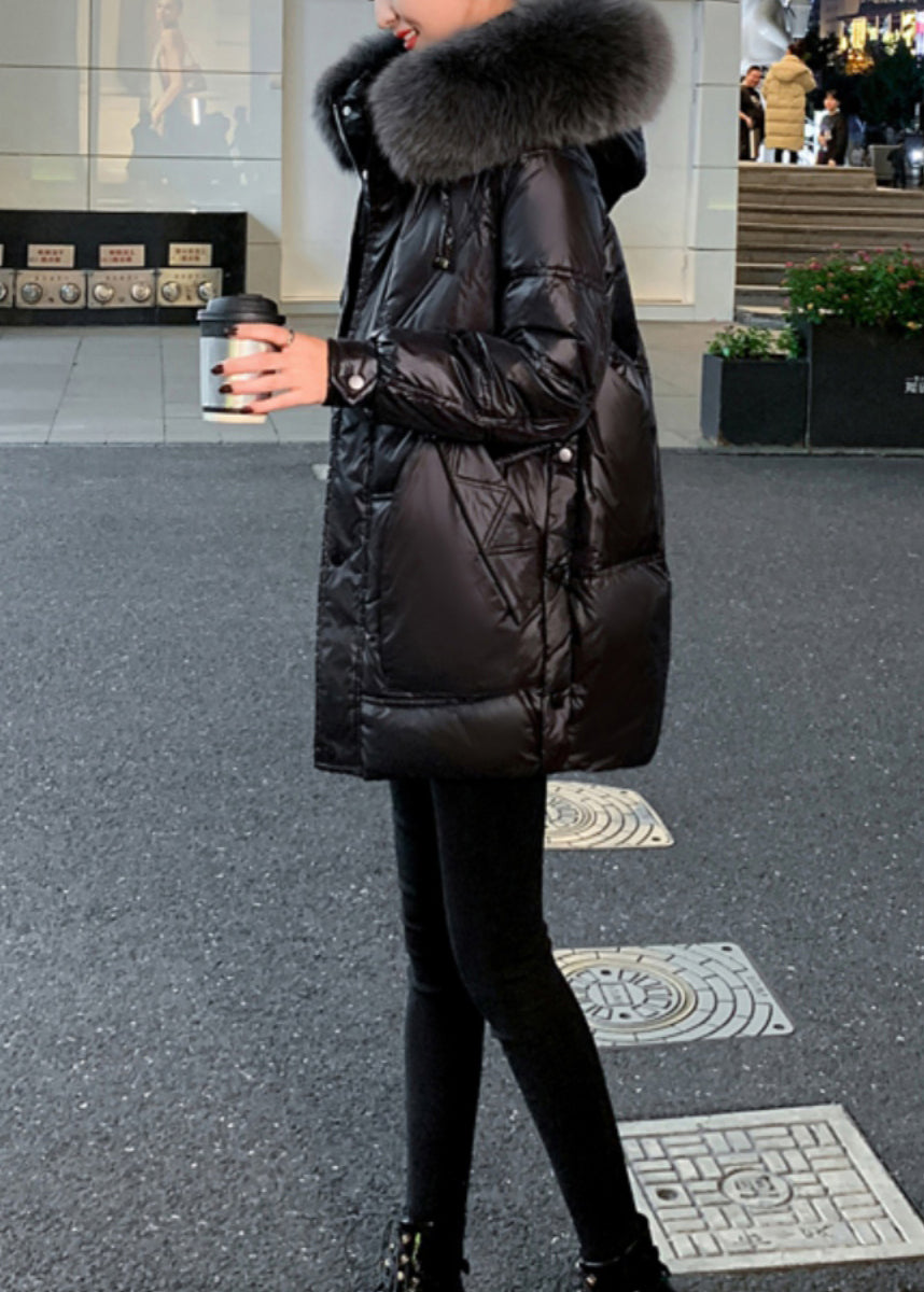 Luvik | Musta turkiskaulus Huppu Taskut Ohut puuvillatalvitakki täytetty