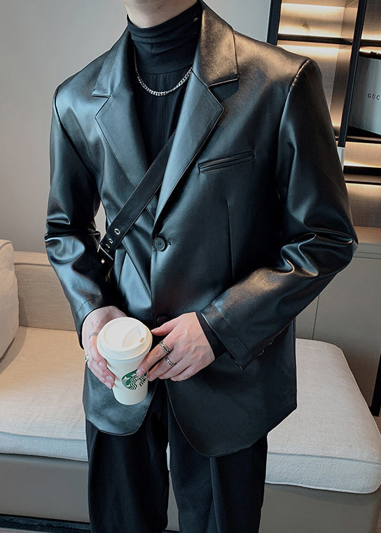 Luvik | Musta Peter Pan kaulus nappi tekonahka takit miehille