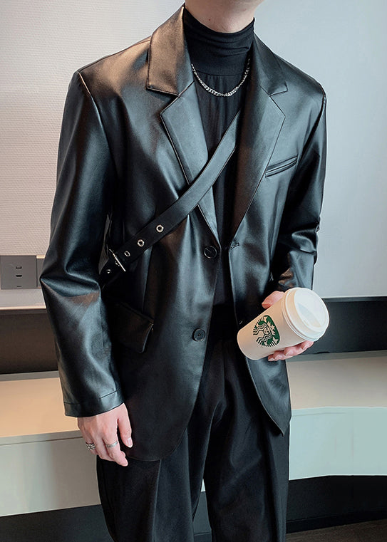 Luvik | Musta Peter Pan kaulus nappi tekonahka takit miehille