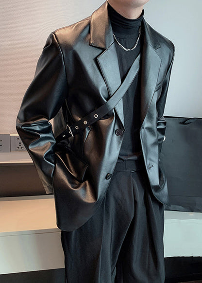 Luvik | Musta Peter Pan kaulus nappi tekonahka takit miehille