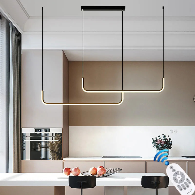 Moderne gullkrone for spisestue og stue – minimalistisk design med justerbare LED-pendler | Luvikno
