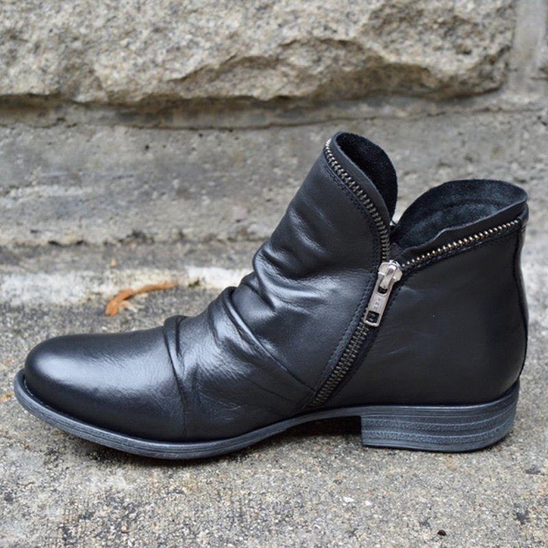 Schwarze Lederstiefeletten mit Reißverschluss