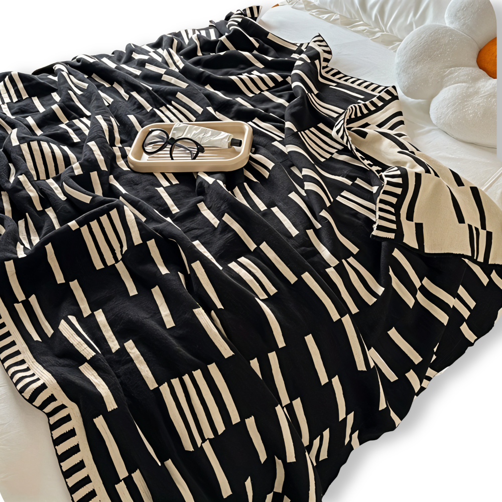 CalmoWeave Teppe | Strikket Teppet Svart-Beige | Myk & Varmende | For Alle Årstider Luvikno