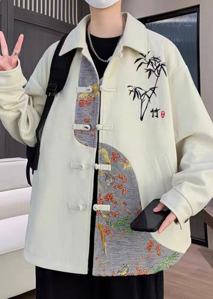 Luvik | Miesten beigen brodeeratut puuvillapatchworktakit, joissa on napit