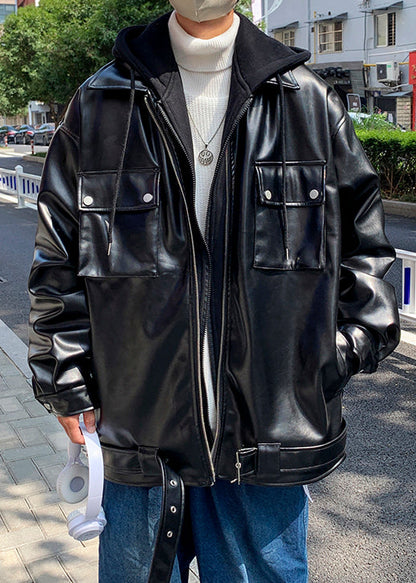 Luvik | Miesten synteettisestä nahasta valmistettu musta patchwork-takki, jossa huppu, feikkikaksi-osainen