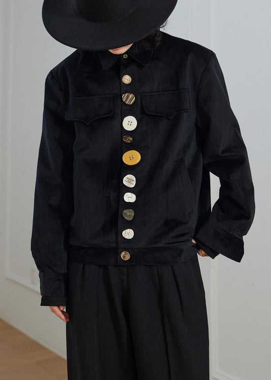 Luvik | Musta Peter-Pan-kauluksella napit taskut samettiset takit