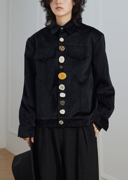 Luvik | Musta Peter-Pan-kauluksella napit taskut samettiset takit