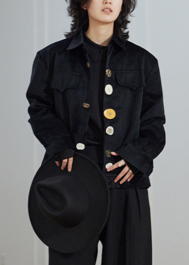 Luvik | Musta Peter-Pan-kauluksella napit taskut samettiset takit