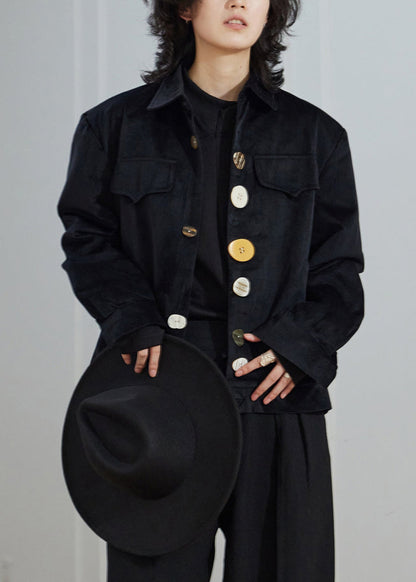 Luvik | Musta Peter-Pan-kauluksella napit taskut samettiset takit