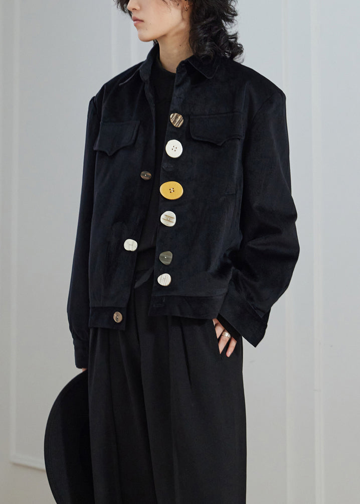 Luvik | Musta Peter-Pan-kauluksella napit taskut samettiset takit