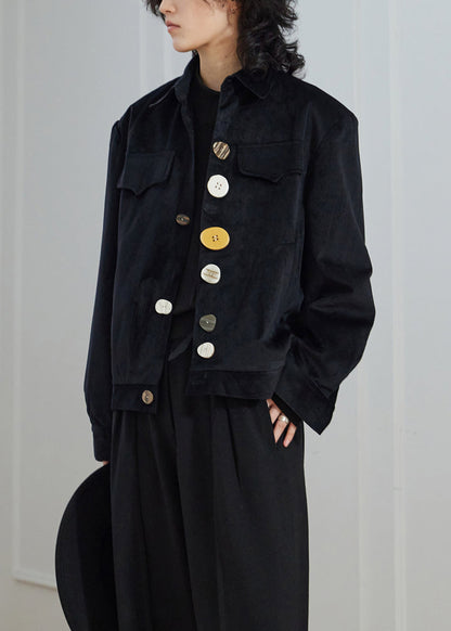 Luvik | Musta Peter-Pan-kauluksella napit taskut samettiset takit