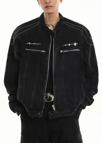 Luvik | Mustat farkkutakit miehille korkealla kauluksella, vetoketjulla ja taskuilla