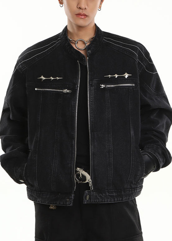 Luvik | Mustat farkkutakit miehille korkealla kauluksella, vetoketjulla ja taskuilla