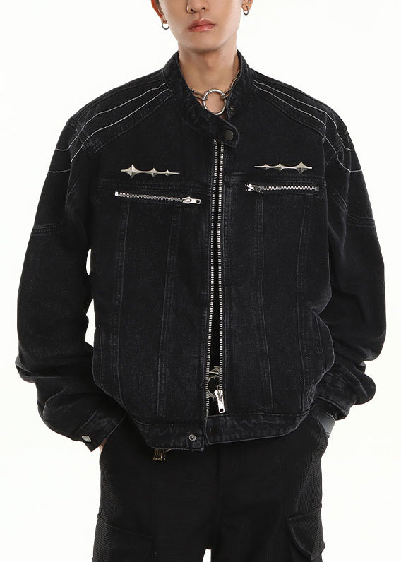 Luvik | Mustat farkkutakit miehille korkealla kauluksella, vetoketjulla ja taskuilla