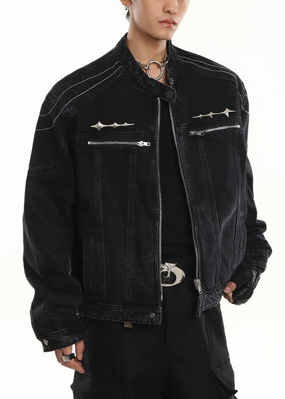 Luvik | Mustat farkkutakit miehille korkealla kauluksella, vetoketjulla ja taskuilla