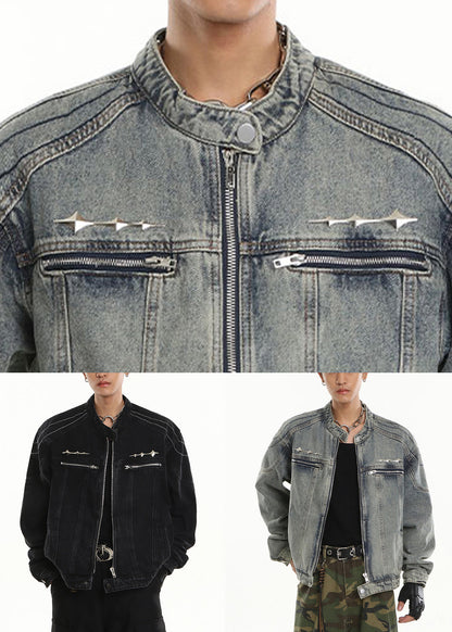 Luvik | Mustat farkkutakit miehille korkealla kauluksella, vetoketjulla ja taskuilla