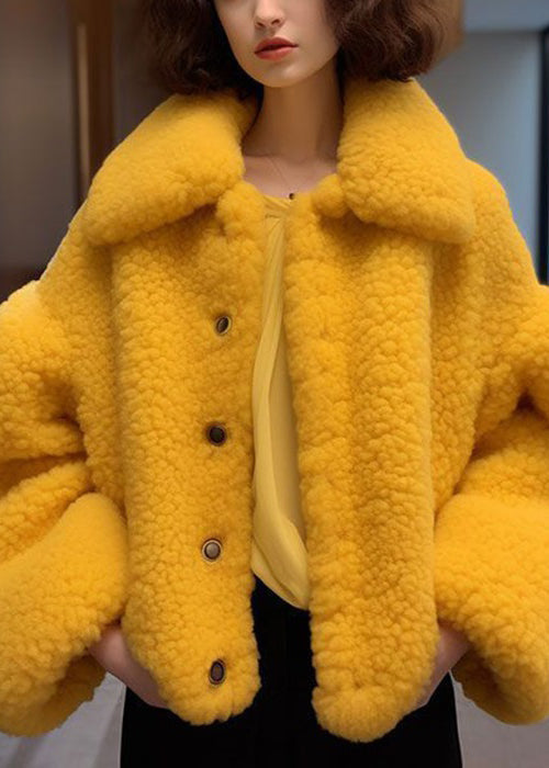 Luvik | Gul Peter Pan Krage Knapper Myk Fleece Jakke Med Lange Ermer
