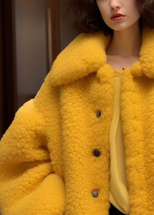 Luvik | Gul Peter Pan Krage Knapper Myk Fleece Jakke Med Lange Ermer