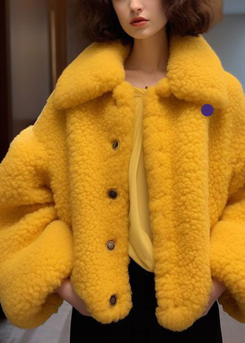 Luvik | Gul Peter Pan Krage Knapper Myk Fleece Jakke Med Lange Ermer