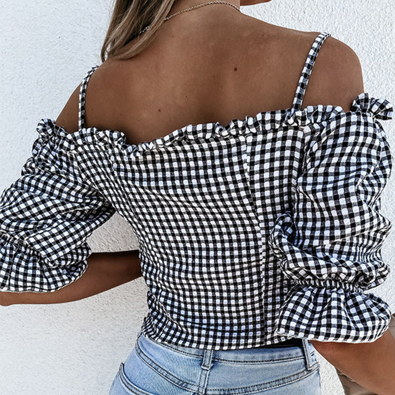 Naisten Off-Shoulder Paita, jossa Rypytys yksityiskohtia ja Ruudullinen kuvio Luvik