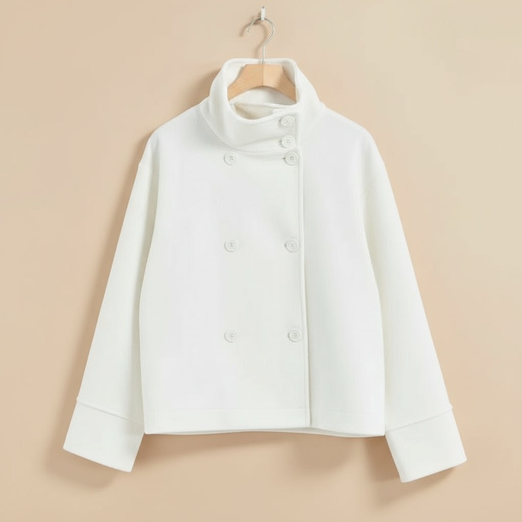 Naisten muotitietoinen lyhyt takki korkealla kauluksella ja kaksinkertaisella nappilistalla Luvik