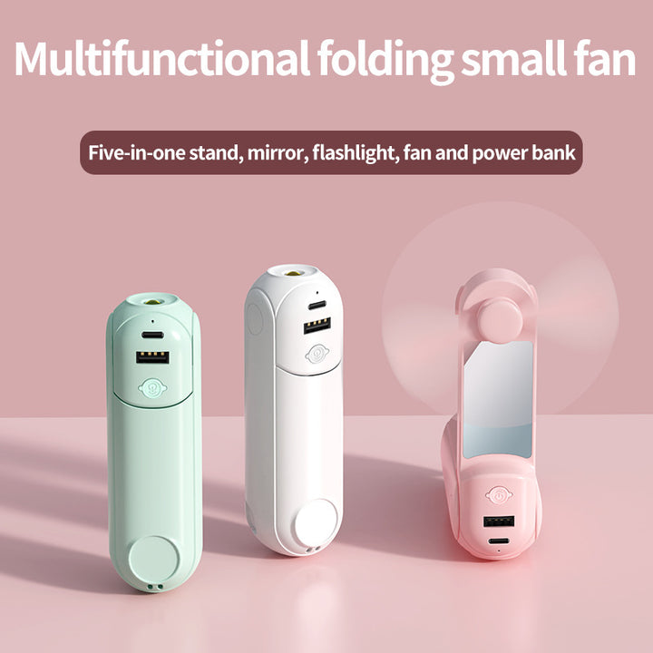 Unisex nan sammenleggbar håndholdt vifte med innebygd USB power bank og kompakt speil Luvikno