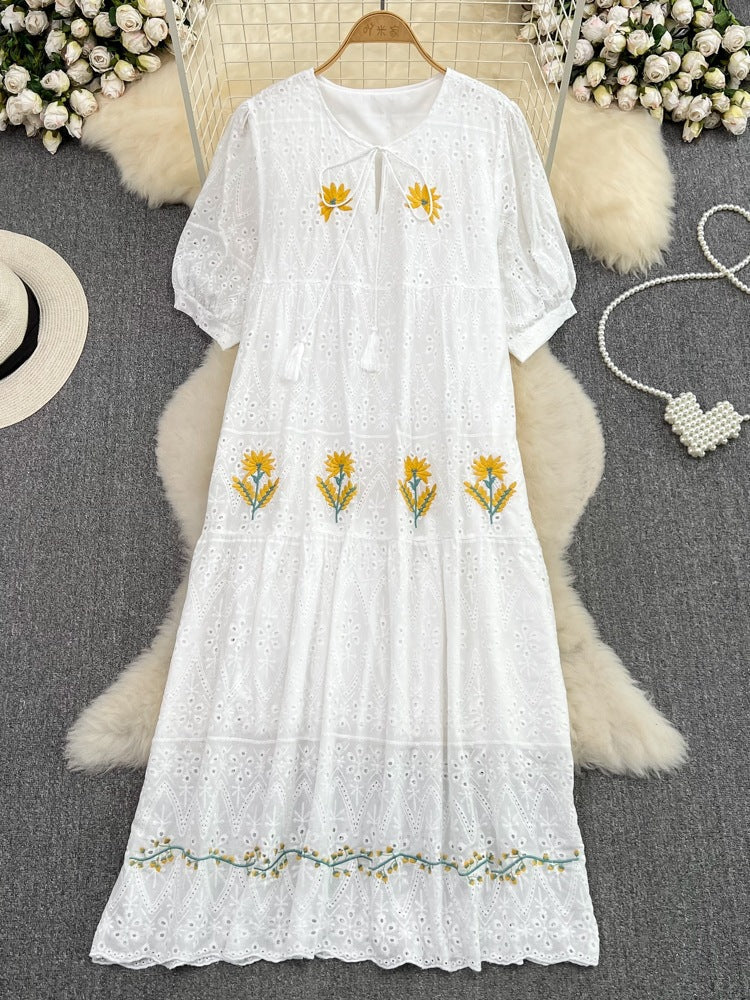 Luvik | Sweet Puff Sleeve Round Neck Dress with Hollow Embroidery