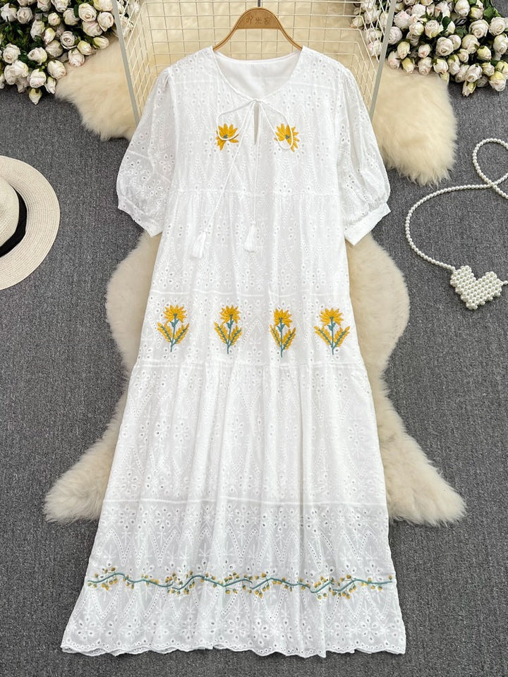 Luvik | Sweet Puff Sleeve Round Neck Dress with Hollow Embroidery