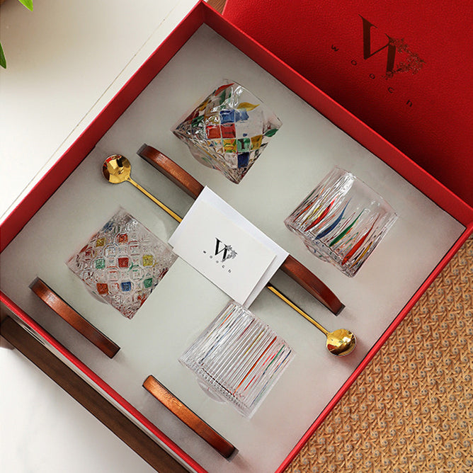 Roterende Multi Farge Flettet Whisky Glass Med Gaveeske | Luvikno