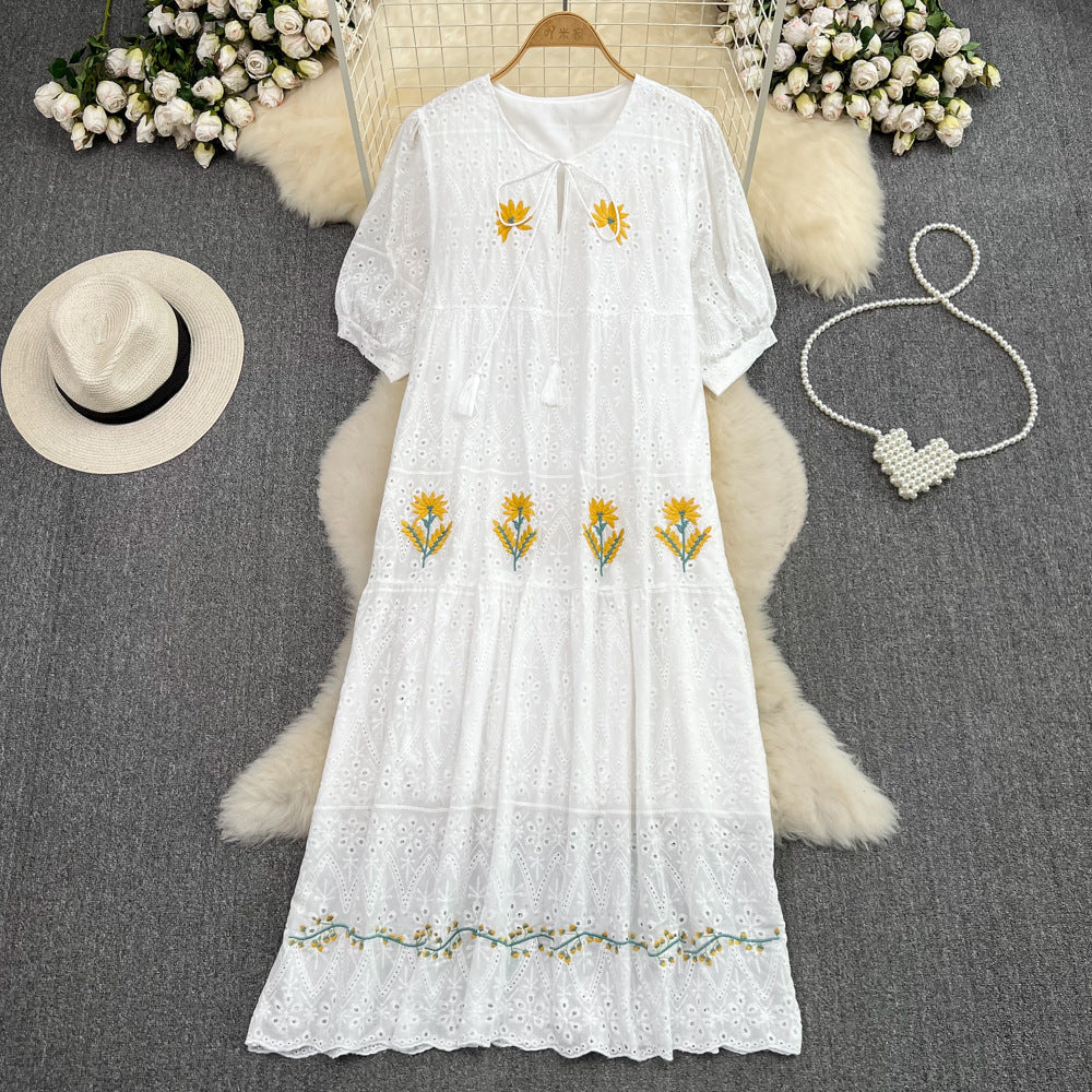Luvik | Sweet Puff Sleeve Round Neck Dress with Hollow Embroidery