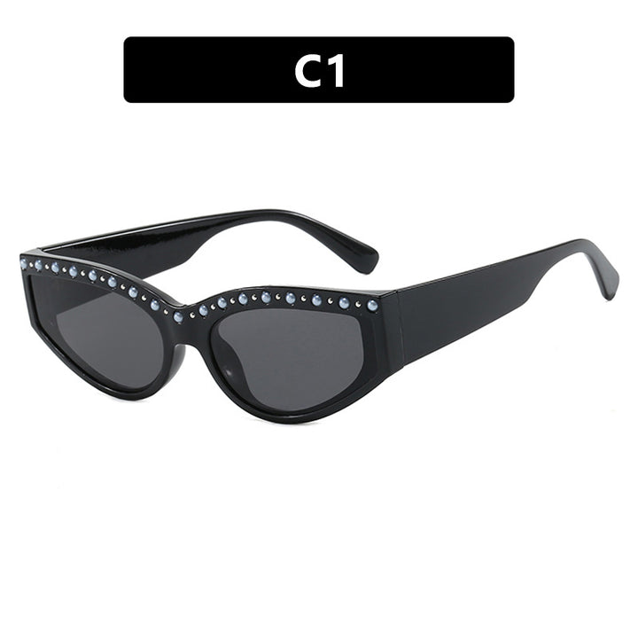 Dame Cat-Eye solbriller med glitrende rhinestones og dyremønster Luvikno