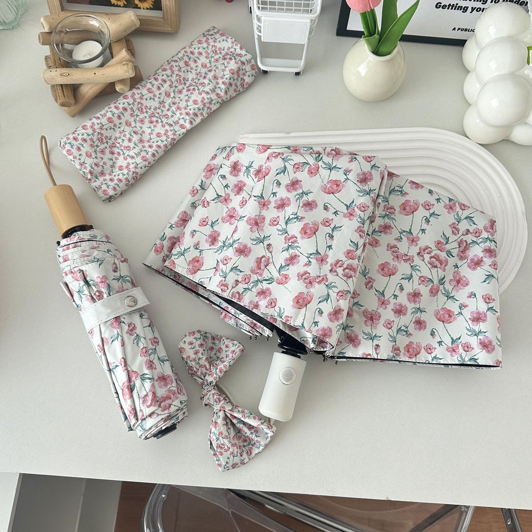 Dame sammenleggbare paraply med blomsterdesign og praktisk oppbevaringssystem Luvikno
