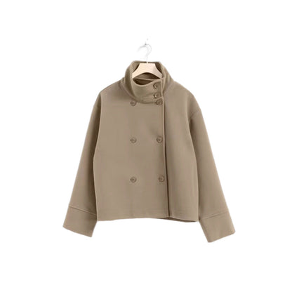 Naisten muotitietoinen lyhyt takki korkealla kauluksella ja kaksinkertaisella nappilistalla Luvik