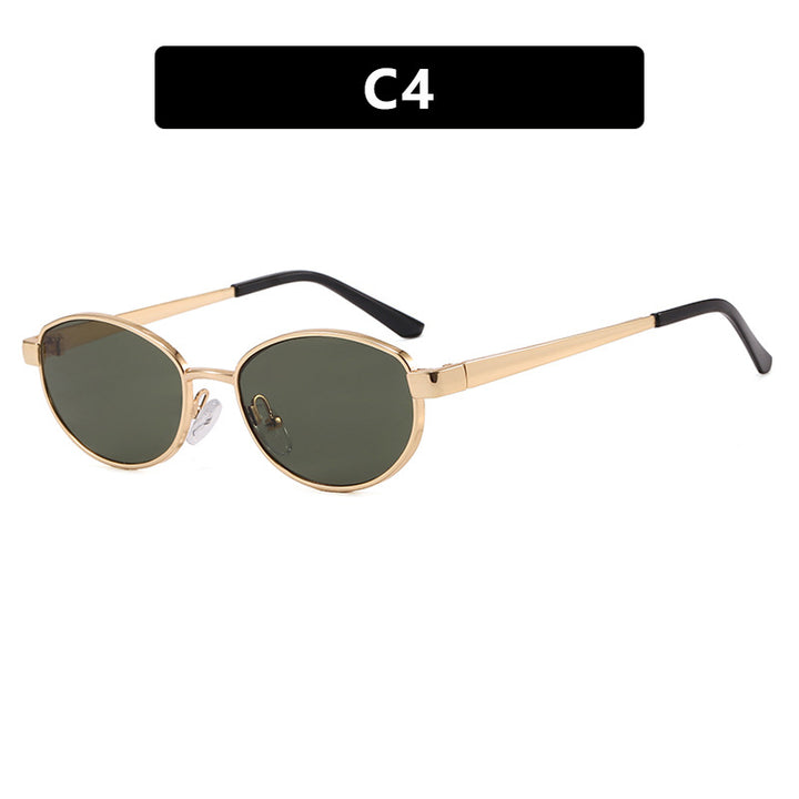 Dame moteriktig solbrille i elegant oval design med ramme i høykvalitets metall Luvikno