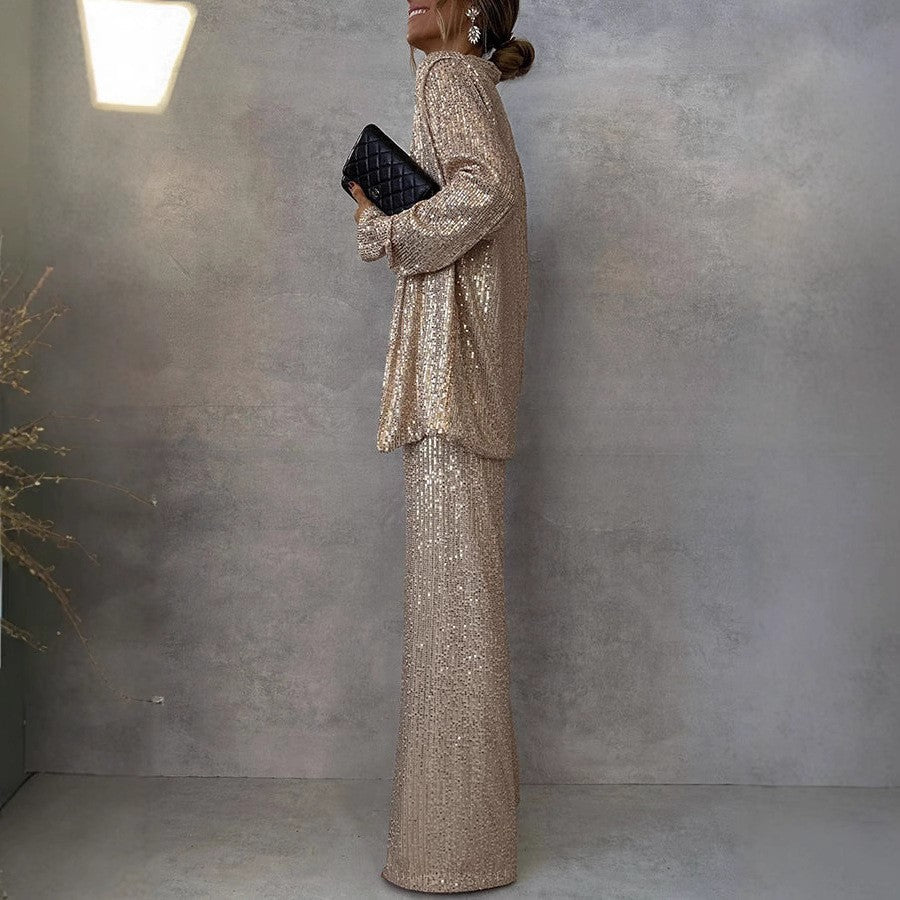 Luvik | Naisten Kiiltävä Bleiseripuku leveillä lahkeilla ja kimaltelevilla paljeteilla